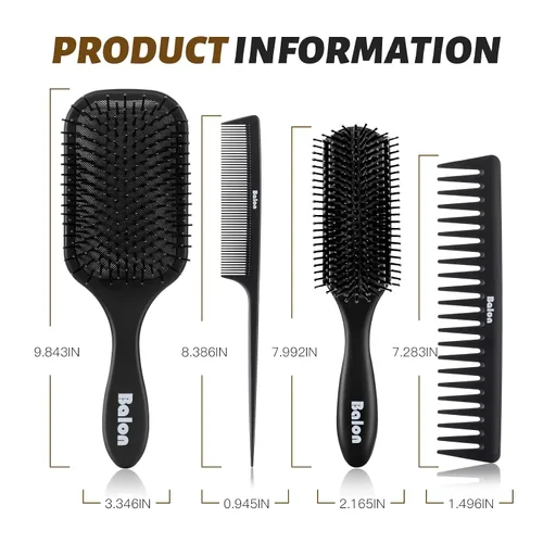 Vista 6 de Cepillo de pelo Balon para mujeres y hombres, juego de cepillo de paleta de 4 piezas, cepillo desenredante, peine para cabello largo, grueso, fino