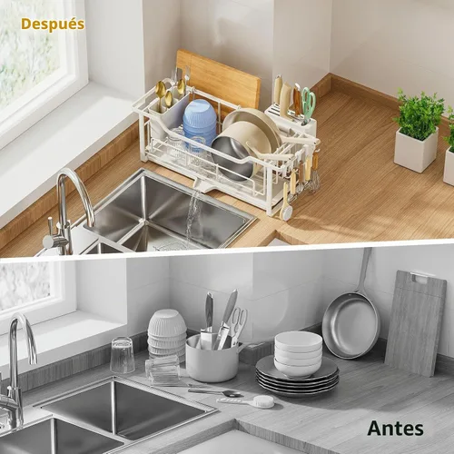 Vista 6 de AIDERLY Escurridor estrecho de platos para encimera de cocina, drenaje automático, escurridor de platos de hierro con cesta extraíble