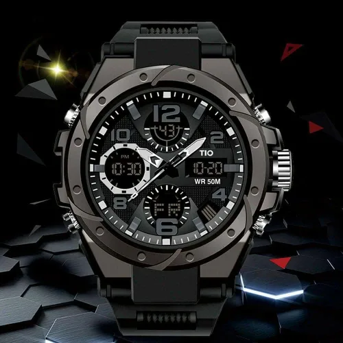 Vista 7 de Reloj para hombre TIO, militar, cronógrafo, digital, deportivo, resistente a los golpes y al agua, 5 ATM, negro, Negro, Deporte, casual, a la moda