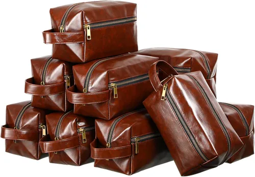 Vista 8 de Hillban 10 piezas de regalo de padrinos de boda bolsa de aseo de cuero para hombre, kit de afeitado de viaje, bolsa de baño, maquillaje, suministros