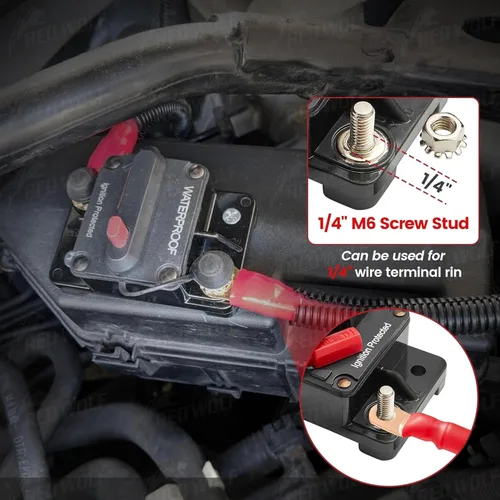 Vista 4 de RED WOLF Disyuntor de Circuito de 100A con Conector de Terminal de Anillo de Batería de Calibre 6, Interruptor de Reinicio Manual para Motor