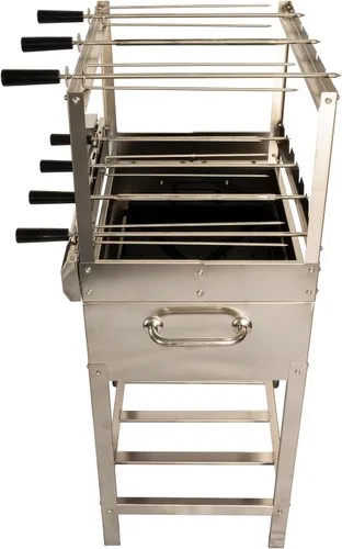 Vista 9 de Parrilla de Barbacoa Brasileña Todo en Uno con Rotisserie - 7 brochetas - Churrasco - Acero Inoxidable - Parrilla Portátil de Fuego de Leña y Carbón