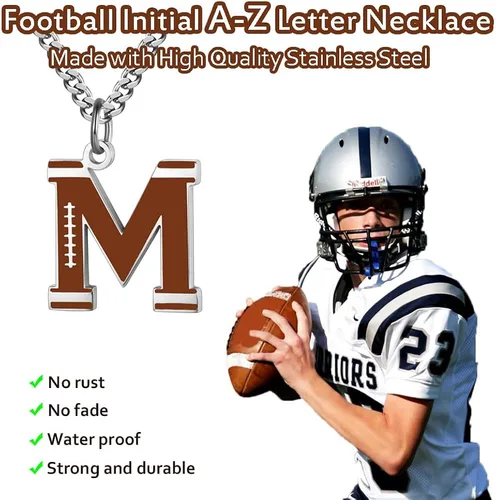 Vista 2 de AIAINAGI Collar con letra inicial de fútbol A-Z para niños dije de fútbol americano cadena de plata de acero inoxidable regalo de fútbol