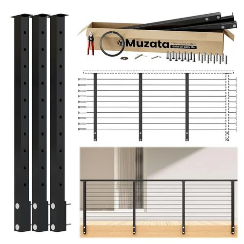 Vista 13 de Muzata Kit de barandilla de cable modular negro de 4 a 8 pies, kit de poste de 2 niveles de 36 pulgadas, sistema completo de barandilla de cable