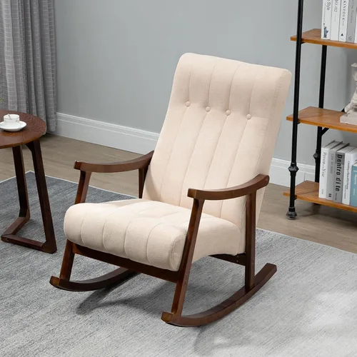 Vista 7 de AVAWING Silla mecedora tapizada con asiento acolchado de tela, cómoda balancín de madera maciza para sala de estar, silla moderna de respaldo alto
