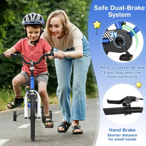 Vista 5 de HONEY JOY Bicicleta para niños, 12, 14, 16, 18, 20 pulgadas, con ruedas de entrenamiento y freno de mano, marco de acero, cadena totalmente cerrada
