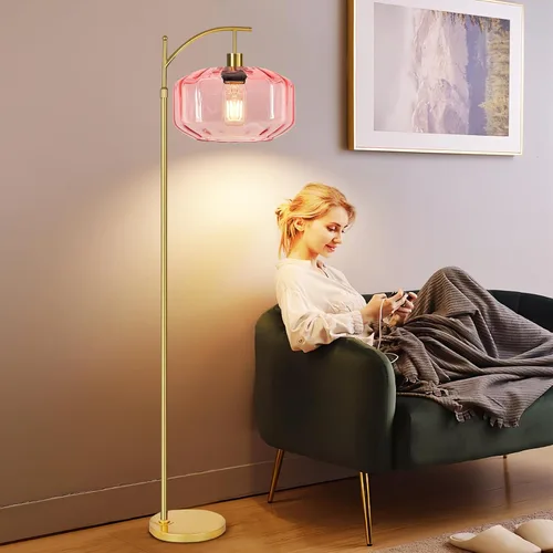 Vista 3 de Lámparas de pie doradas para sala de estar, dormitorio, lámpara de pie de cristal con control remoto y pantalla rosa, lámpara de pie regulable