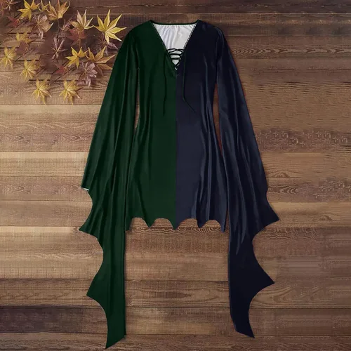 Vista 6 de Disfraces de Halloween para mujer, vestido sexy de manga murciélago, gótico, vintage, mini vestido cruzado, vestido de fiesta de manga larga