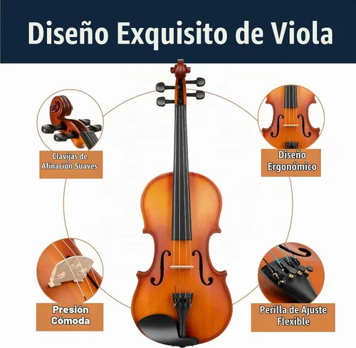 Vista 5 de Mendini by Cecilio Juego de viola de madera maciza de 14 pulgadas para principiantes - Kit de viola acústica tallada a mano con estuche rígido Satén