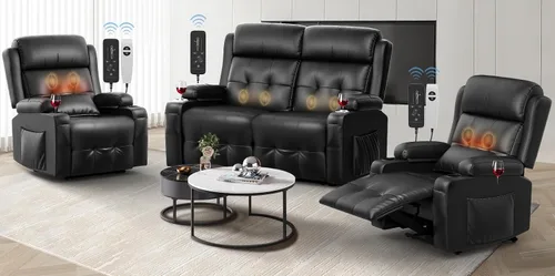 Vista 36 de Sofá reclinable manual de dos plazas, sofá reclinable de pared con masaje, puertos USB y tipo C, almacenamiento, portavasos, sofá RV para sala