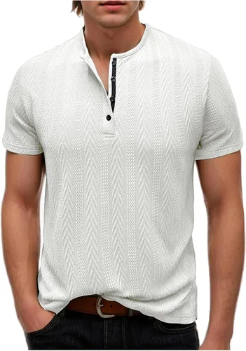 Vista 5 de Men's Knit Henley Shirts Jacquard Texture Fashion Golf Tops Summer Button Down Short Sleeve Casual Workout T-Shirts