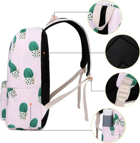 Vista 6 de Juego de mochila escolar de 3 piezas, ligeras, para adolescentes, niñas, con aislamiento, estuche para lápices (Cactus)