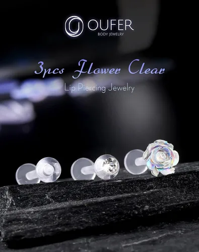 Vista 2 de OUFER 3 piezas de joyería de hélice de plástico para perforación, retenedor de labio transparente para cirugía, lindos anillos de labio con flores