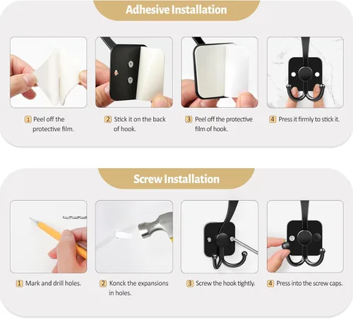 Vista 8 de VIS'V Ganchos para colgar abrigos de pared, ganchos de metal autoadhesivos de 3 puntas para puerta de entrada, 2 opciones de montaje, negro, 4