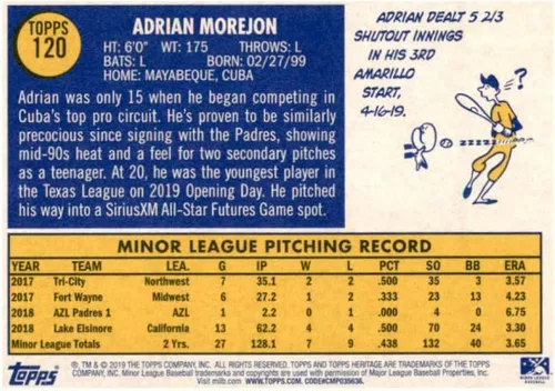Vista 2 de 2019 Topps Heritage Minors #120 Adrian Morejon RC Rookie Amarillo Sod Poodles Baseball Trading Card
