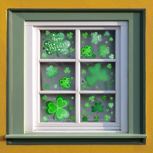 Vista 7 de 8 hojas de calcomanías de vinilo para ventanas de vidrio, varios diseños de trébol y feliz San Patricio, calcomanías de vinilo extraíbles