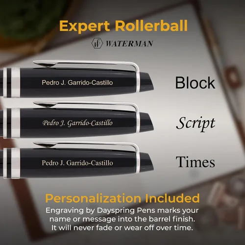 Vista 3 de Waterman Expert - Bolígrafo roller con tapa grabada, laca negra con borde cromado, regalo personalizado para ejecutivos, miembros de la junta