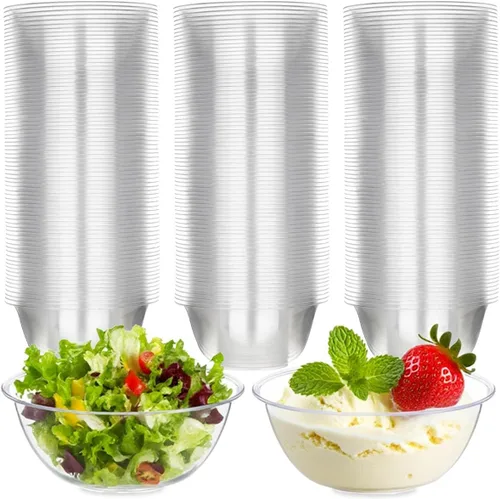 Vista 8 de MOACOCK Paquete de 100 cuencos pequeños de plástico transparente, cuencos de ensalada desechables duros de 8 onzas, cuencos desechables para servir