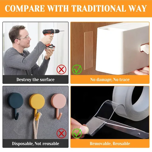 Vista 6 de Cinta de doble cara resistente para decoración de pared, no daña la pintura, cinta de montaje extraíble transparente, cinta adhesiva nano de dos 1