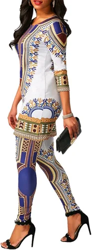 Vista 3 de Conjunto de camisa y pantalones con estampado africano para mujer trajes tribales de 2 piezas