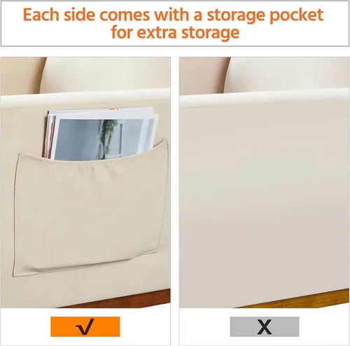 Vista 8 de Yaheetech Mecedora tapizada para cuarto de bebé, con patas de madera de goma, bolsillo lateral, sillón con respaldo alto para sala de estar, Beige