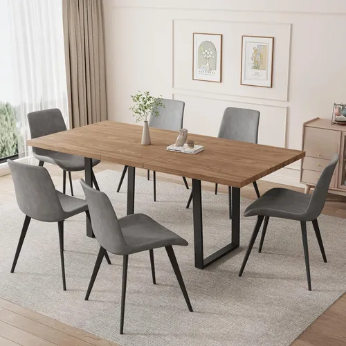 Vista 27 de ZckyCine Conjunto moderno de mesa de comedor de 5 piezas con mesa rectangular de madera y 4 sillas tapizadas en cuero, capacidad para 4 personas
