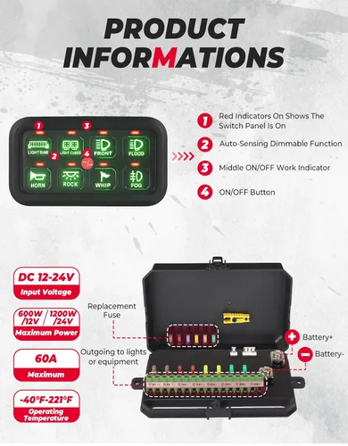 Vista 4 de KEMIMOTO Panel de interruptor táctil de 8 gang, control táctil LED para automóviles, UTV, camiones 60A Circuit Breaker, Blade Fuses, Solid-State