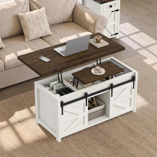 Vista 5 de Furnihold Mesa de centro elevable con almacenamiento, 4 en 1, multifunción, de madera, con puertas correderas de granero, mesa central para sala