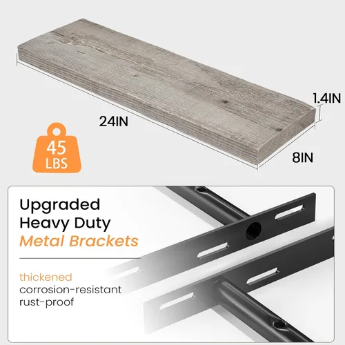 Vista 3 de Estantes flotantes para decoración de pared, estantes rústicos de madera recuperada de 24 x 8 pulgadas, estantes de montaje en pared resistentes