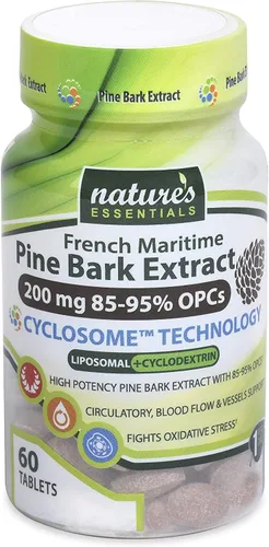 Vista 2 de NATURE'S ESSENTIALS Extracto de corteza de pino 200 mg Soporte circulatorio clínicamente estudiado Entrega liposomal de ciclosoma avanzada Sin