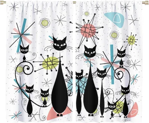 Vista 53 de Cortinas de estilo de mediados de siglo, diseño geométrico abstracto moderno, diseño retro, estampado de gato negro, para dormitorio, sala de estar
