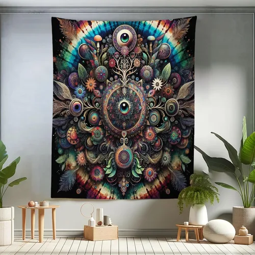 Vista 119 de Ambesonne Tapiz Trippy, vista panorámica de la cascada con bosques de ensueño y mandala oriental psicodélico, decoración de tela para colgar