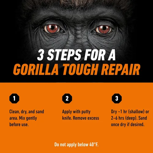 Vista 7 de Kit de reparación de madera de Gorilla, relleno multiusos con espátula y bloque de lijado.