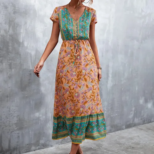 Vista 4 de Vestido largo casual de playa para mujer con cuello en V manga corta estilo floral