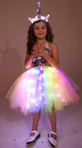 Vista 5 de Disfraz de princesa de unicornio para niñas disfraz de fiesta de cumpleaños con luz LED vestido de tutú de Halloween con diadema