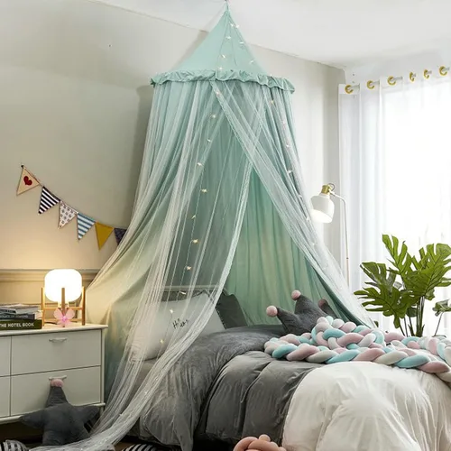 Vista 8 de Toldo de cama para niñas, mosquitera de doble capa para niñas, decoración de habitación, rincón de lectura (verde)