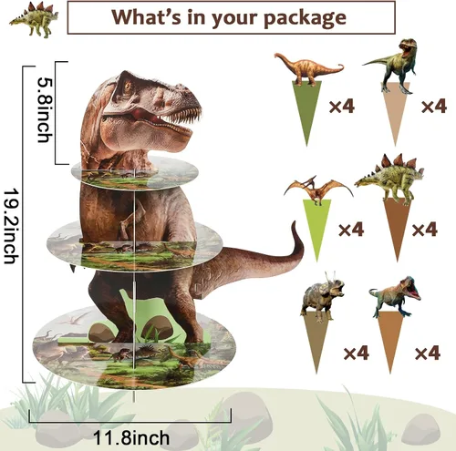 Vista 2 de ZOIIWA Soporte de cupcakes con temática de dinosaurio para decoración de fiesta de cumpleaños de dinosaurio, 24 decoraciones de cupcakes, 3 niveles