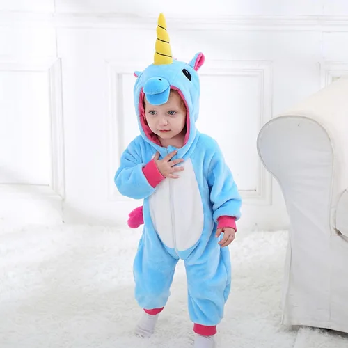 Vista 8 de TONWHAR - Disfraz para niños y bebés, disfraz de dinosaurio, tigre, animal, atuendo de fantasía, mameluco con capucha Azul (Blue Unicorn)