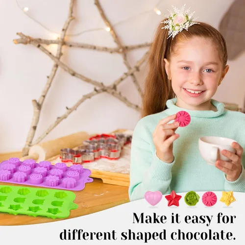 Vista 7 de 6 piezas de moldes de silicona para chocolate con forma de flor, juego de moldes de 15 cavidades con forma de rosa, corazón, estrella, moldes