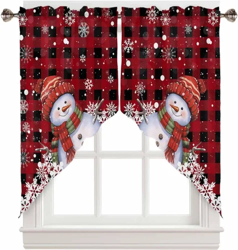 Vista 10 de BEMIGO Cortinas de cocina de Navidad, lindas cortinas de granja con muñeco de nieve azul, cenefa con bolsillo para barra de copos de nieve