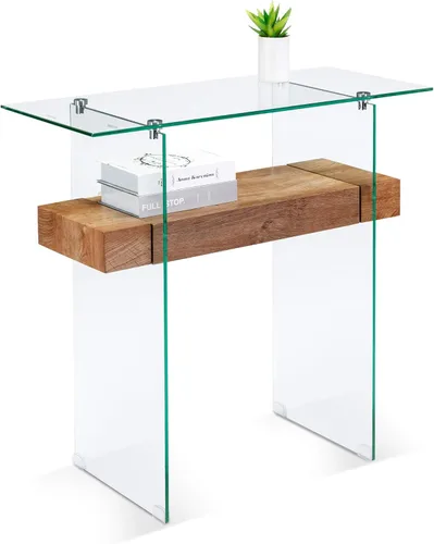 Vista 14 de ivinta Mesa consola de vidrio con almacenamiento, mesa de sofá moderna y estrecha de 31.5 pulgadas para espacios pequeños con estantes de madera