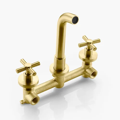 Vista 4 de Grifo de baño de latón cepillado para montaje en pared, dos asas cruzadas y válvula empotrada incluida, SUMERAIN Oro cepillado