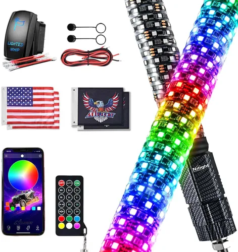 Vista 16 de Nilight Luz LED para látigo, 1 antena COB RGB de 2 pies con base de resorte, aplicación Bluetooth y control remoto, patrones de persecución