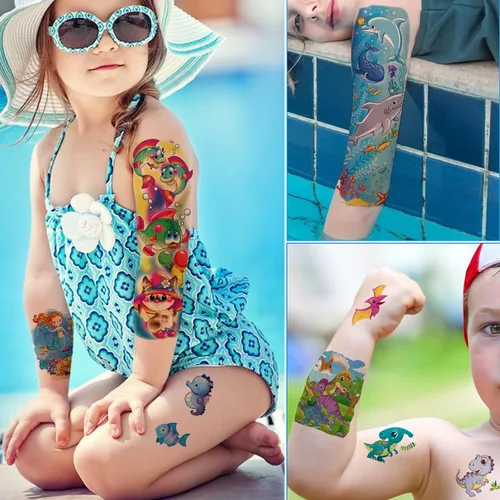 Vista 3 de Tazimi Tatuaje temporal de medio brazo completo tatuajes temporales - Organismo marino Dinosaurio Espacio Exterior Carrera Coche Tatuajes falsos