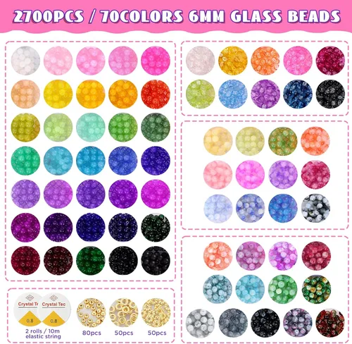 Vista 2 de Cuentas de vidrio para pulseras, 2700 unidades, 70 colores, cuentas