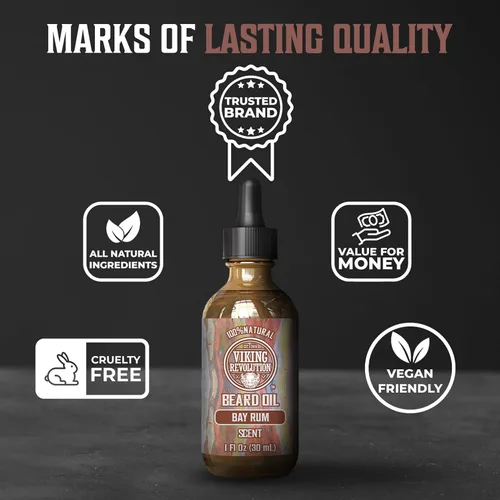 Vista 5 de Viking Revolution Aceite de barba de ron de bahía para hombres, suavizante y acondicionador natural con aceites de argán y jojoba para fortalecer e