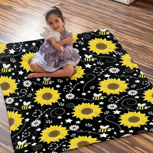 Vista 3 de Manta de girasol de abeja, regalo para los amantes de las niñas, manta de franela súper suave para sofá cama, cama acogedora de felpa, decoración