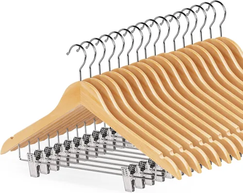 Vista 9 de HOUÍSM - Perchas de madera con clips, perchas resistentes para pantalones y faldas, perchas de madera maciza para pantalones, jeans, ropa