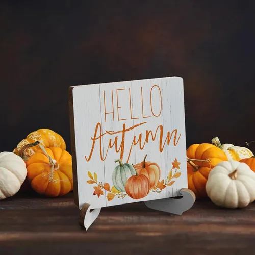 Vista 6 de Letrero con texto en inglés «Hello Autumn» con texto en inglés «Hello Autumn», decoración de escritorio de madera rústica, citas inspiradoras