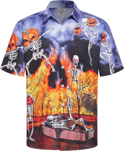 Vista 34 de Camisa de Halloween para Hombre de Hardaddy, de Manga Corta, con Botón, con Estampado Gracioso, Camisa Casual Negro
